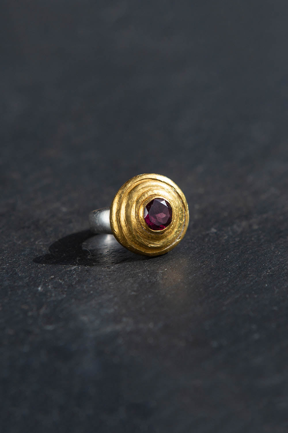 RHODOLITE STEP RING | Silver & 23K Gold