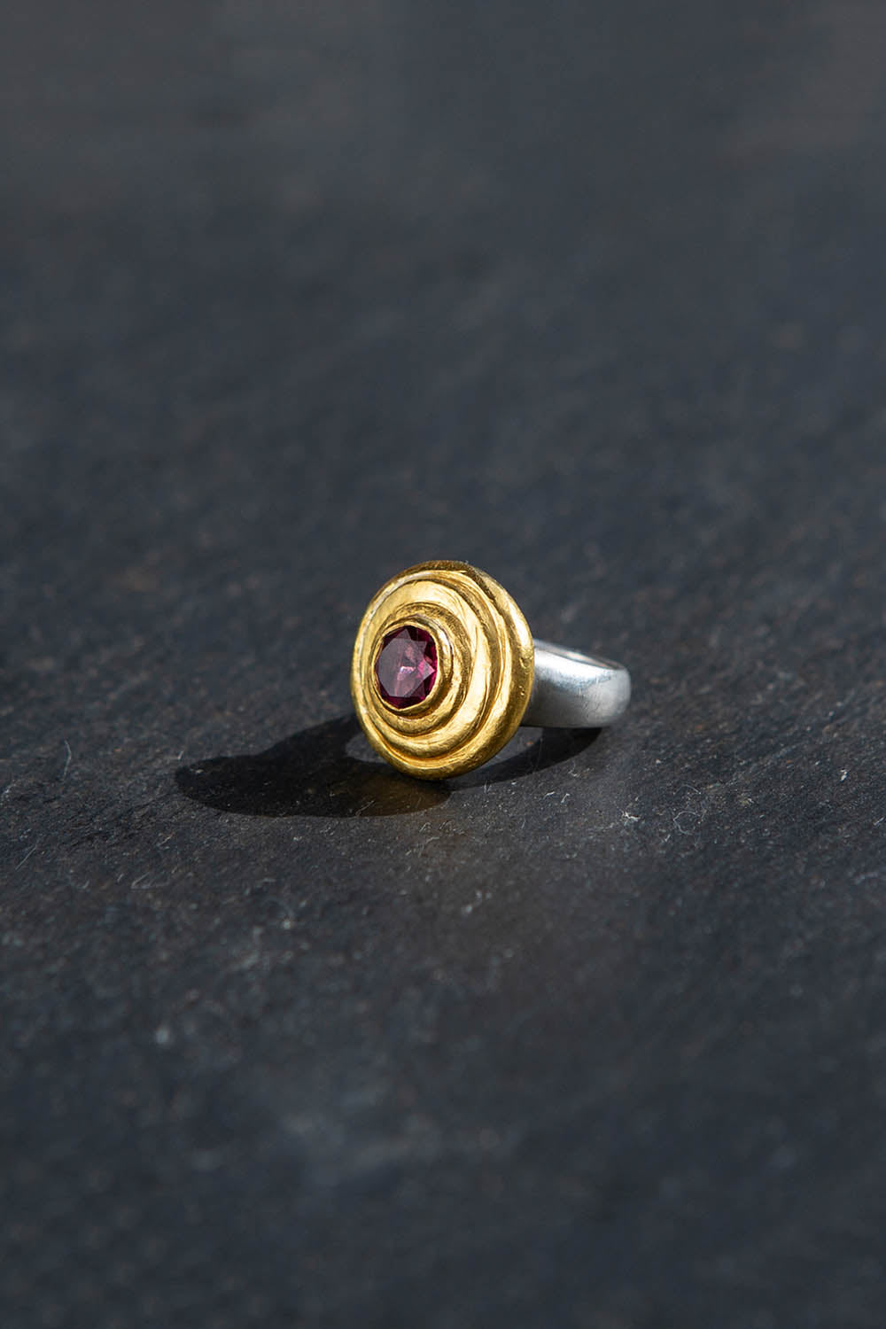 RHODOLITE STEP RING | Silver & 23K Gold