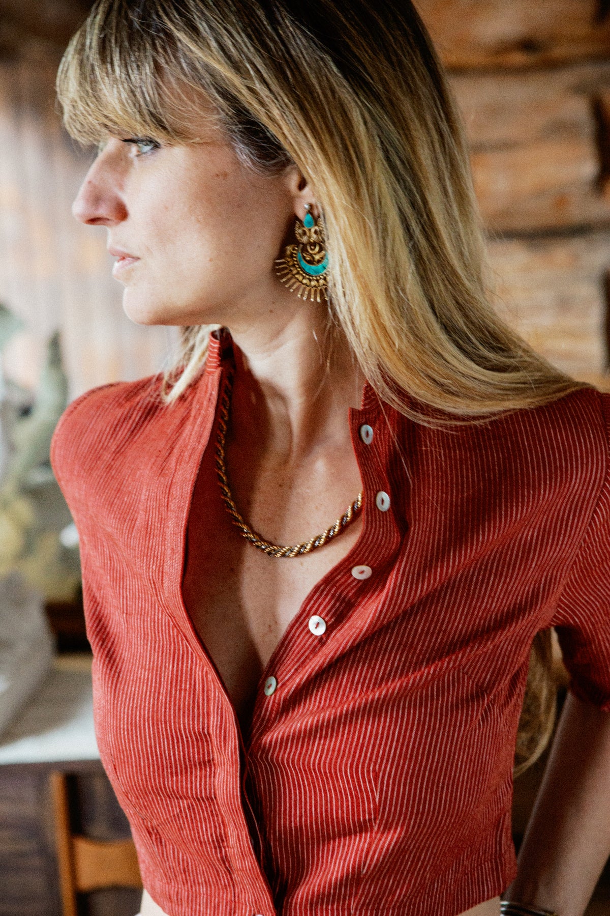 Calcutta Blouse, Khadi di cotone filato a mano, gessato rosso mattone