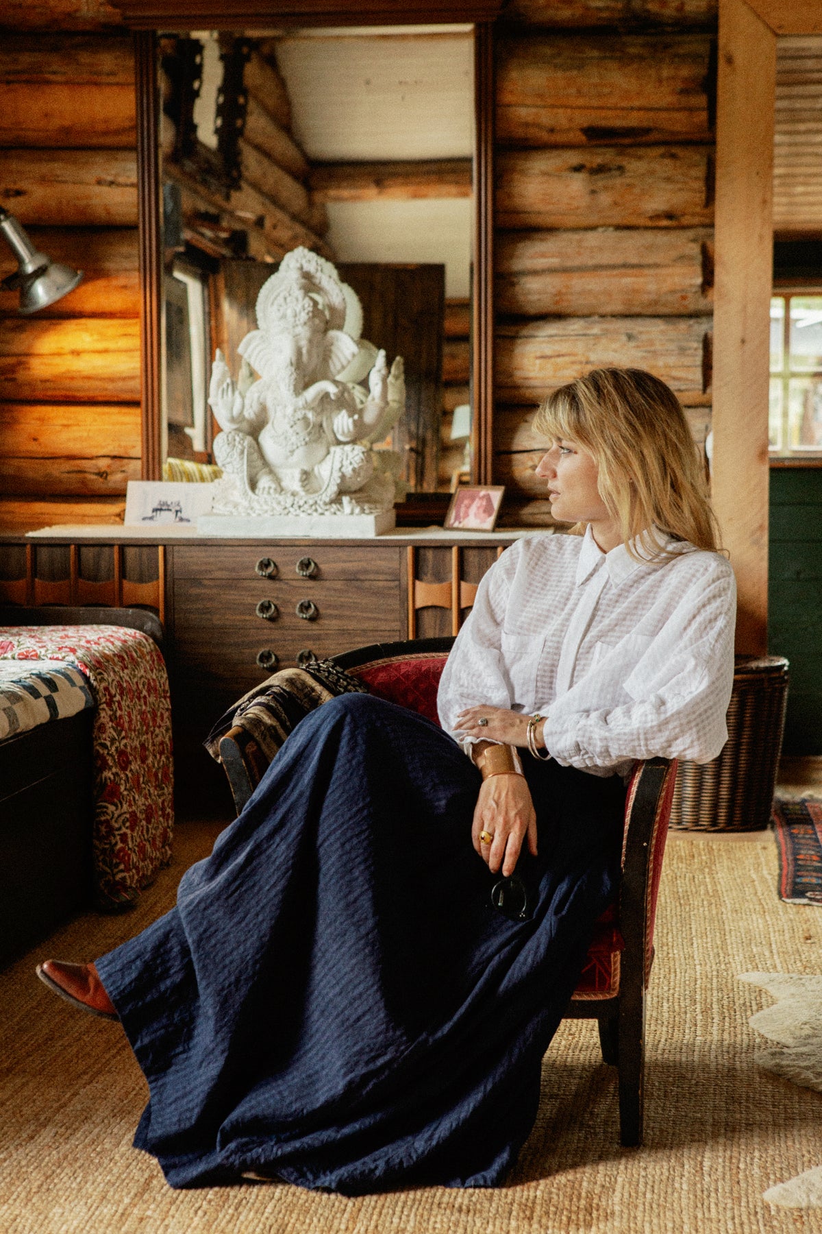 Tribeca Skirt, Cotone filato a mano, motivo a scacchiera blu navy