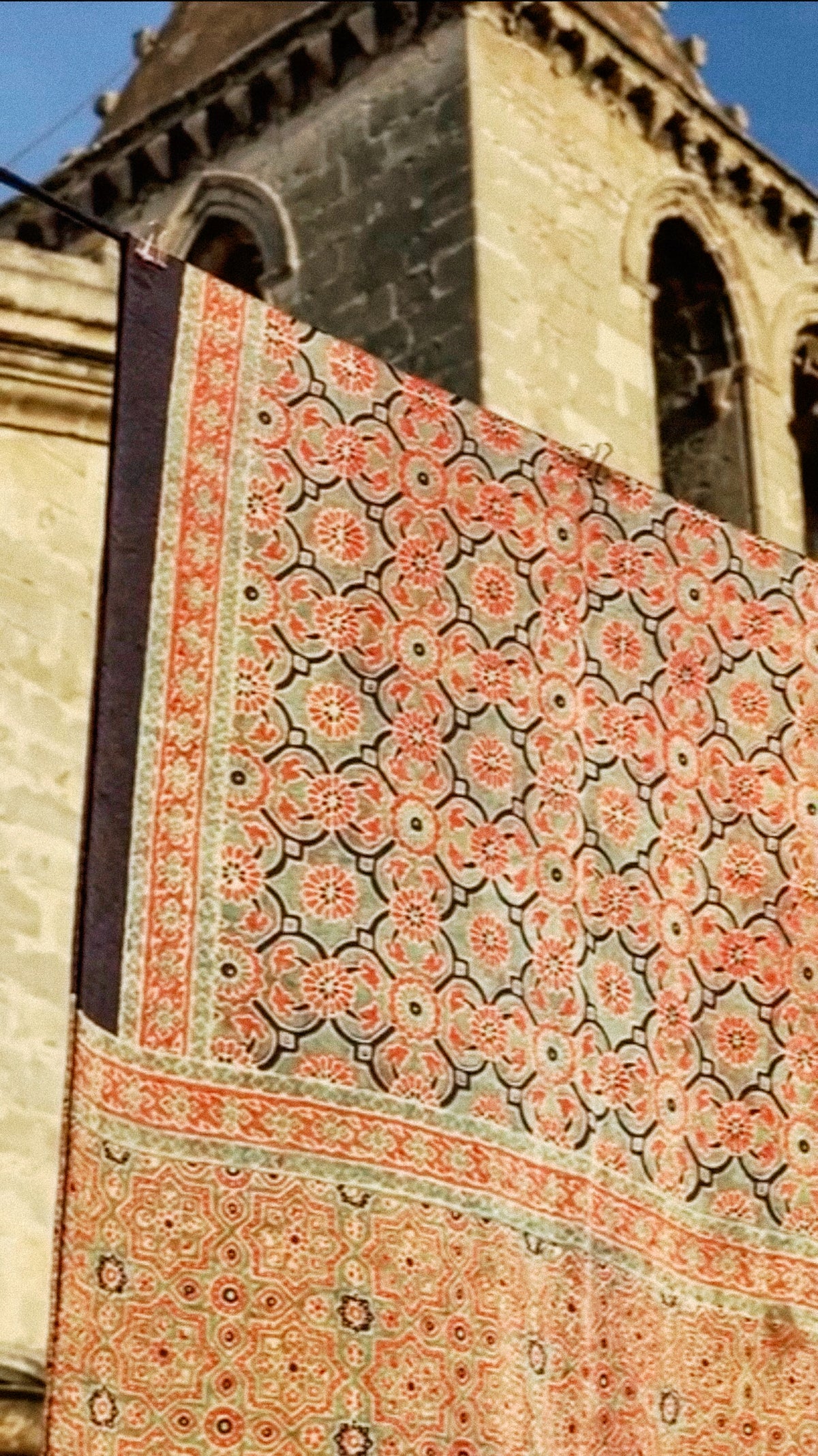 Classic Stole 02, Pregiata seta Mashru, blu scuro/azzurro/rosa salmone con motivo geometrico-floreale