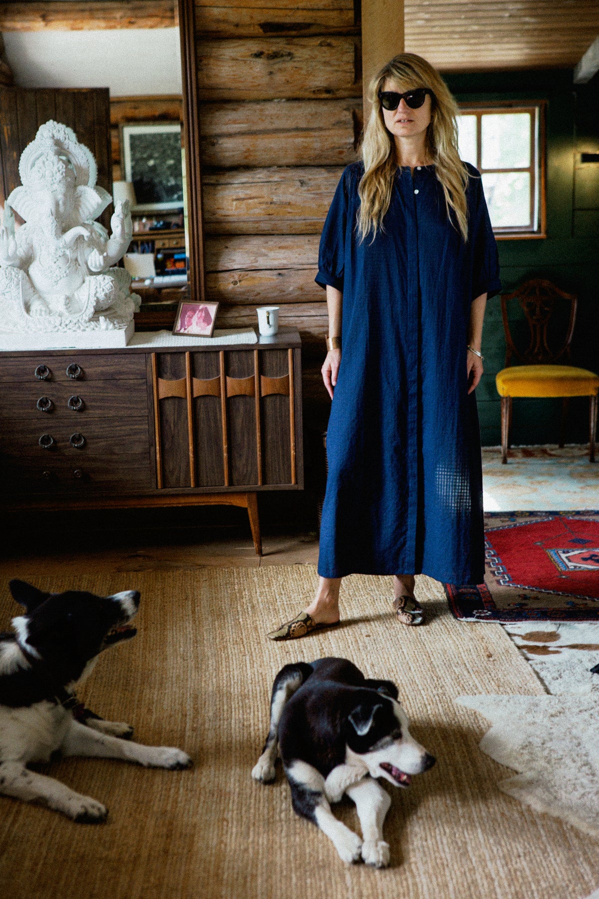 Jasmine Dress, Cotone Khadi filato a mano, motivo a scacchi blu navy