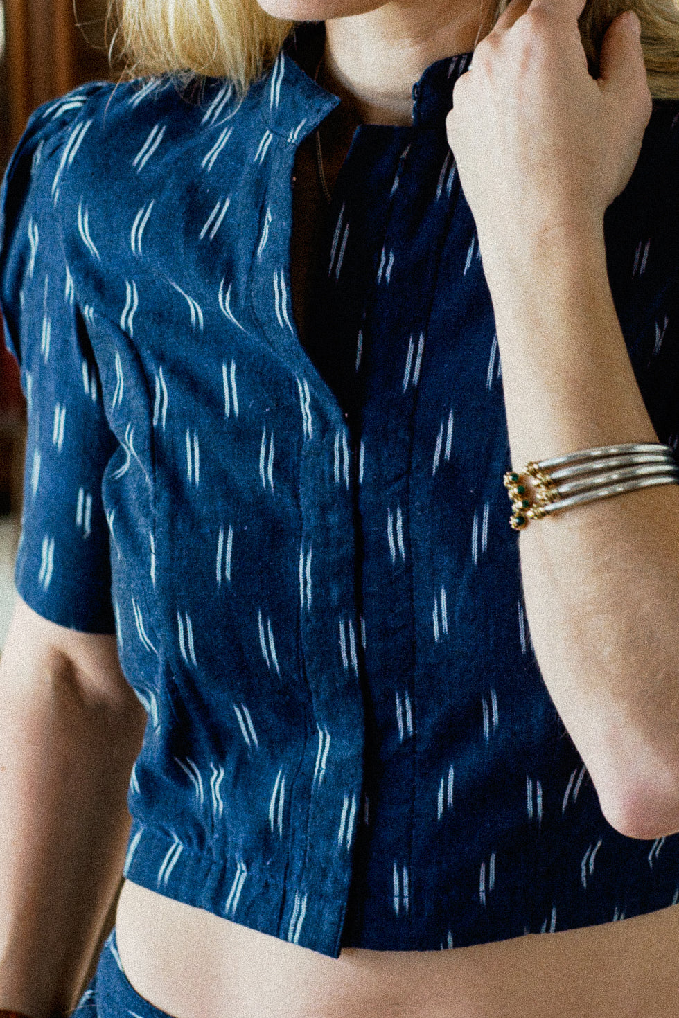 JODHPUR BLOUSE | Handwoven Ikat Navy Celeste