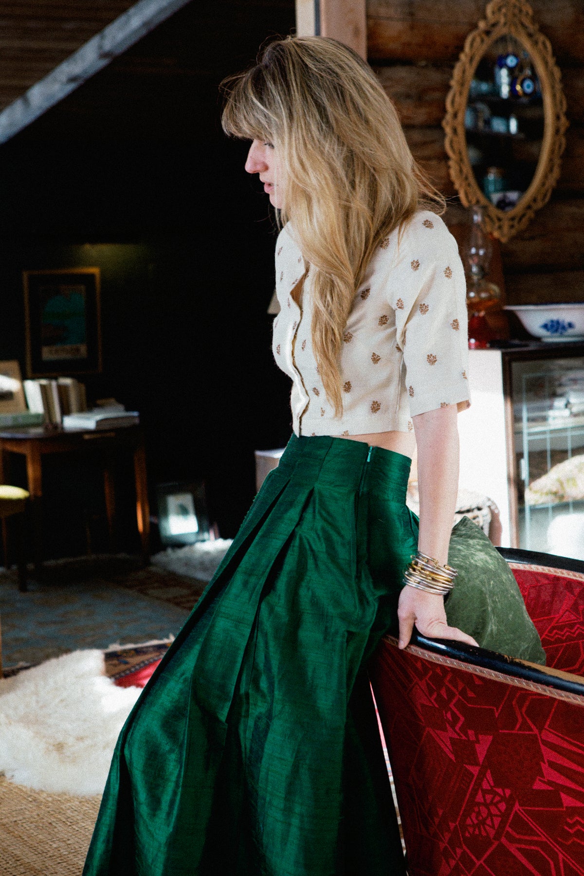 Tribeca Skirt, Seta Matka filata a mano, cangiante color smeraldo