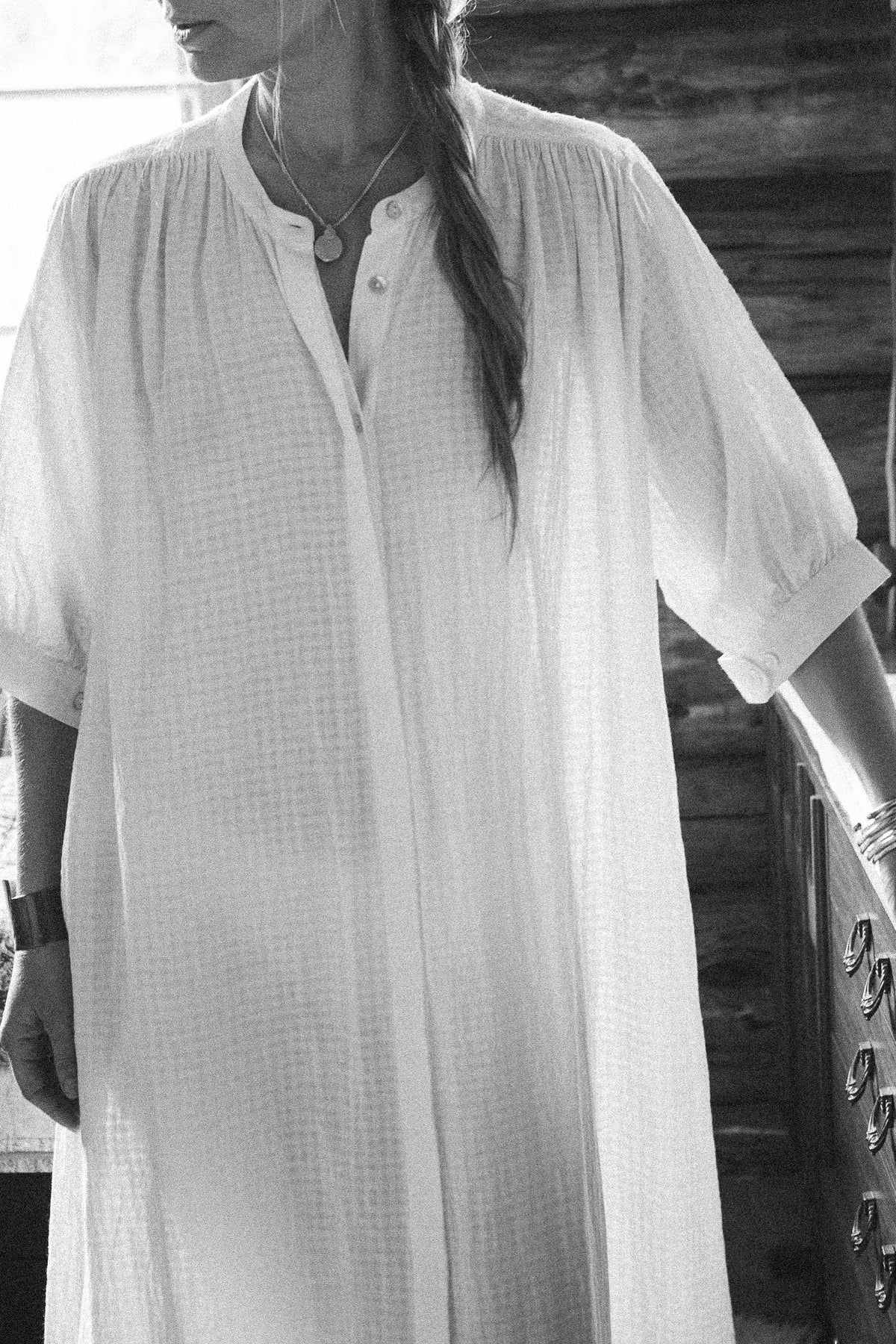 Jasmine Dress, Cotone Khadi filato a mano, motivo a scacchiera naturale