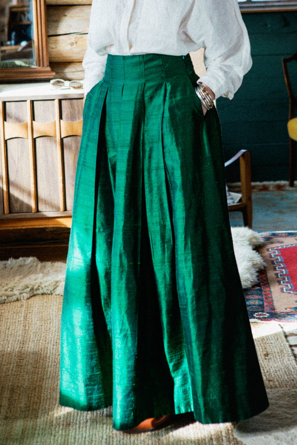 TRIBECA SKIRT | Handwoven Emerald Matka Silk