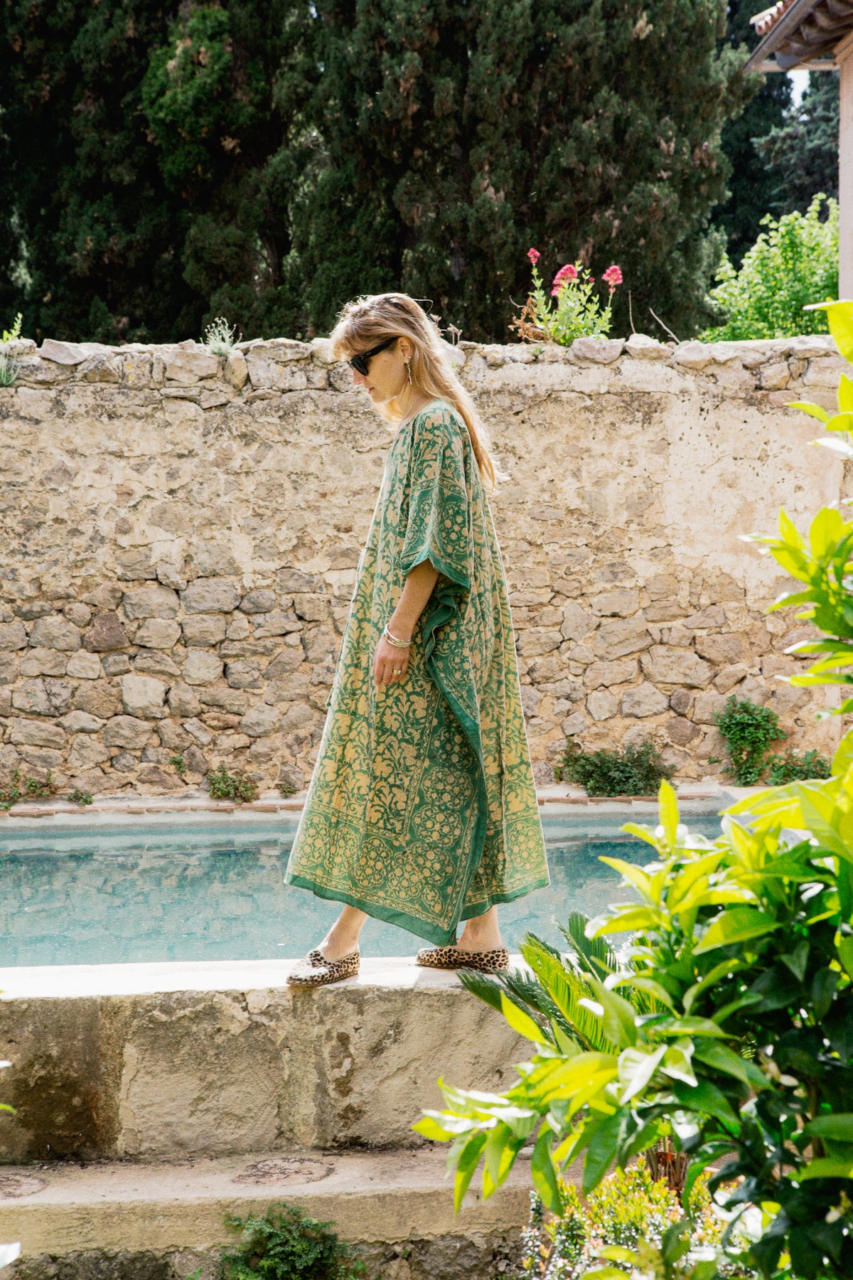 Marrakesh Kaftan, Cotone biologico, stampato a blocchi, color Smeraldo Fontana