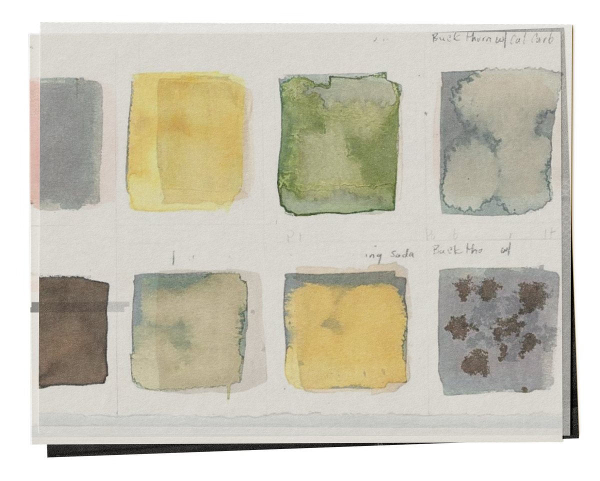 A sheet of watercolour dye swatches in greens, yellows, blues and browns, with pencilled notes