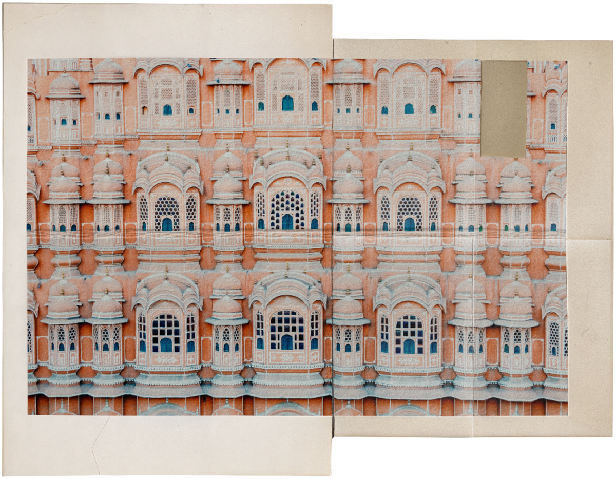 The pink façade of the Hawa Mahal in Jaipur, rows of carved windows, printed across two folded sheets